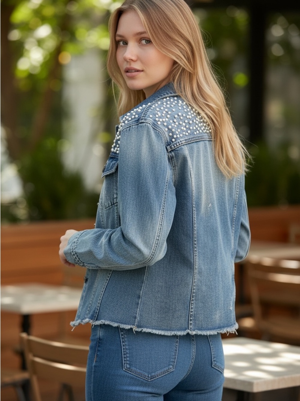 Pearl-Embellished Light Blue Denim Jacket